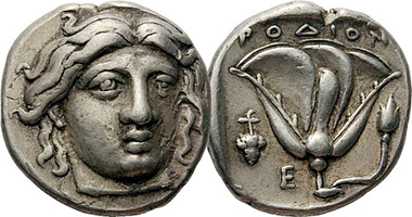 Ancient Greece Rhodes with Helios, Rose and Rose Bud 316BC to 305BC