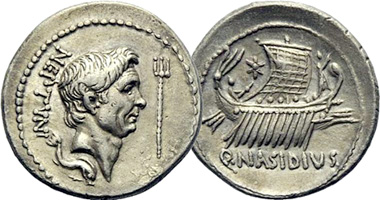 Ancient Rome Sextus Pompey Denarius (Q Nasidius, Neptune) (Fakes are possible) 44BC