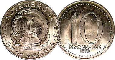 Angola 50 Lwei, and 1, 2, 5, 10, 20, 50, and 100 Kwanzas 1977 to 1991