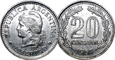 Argentina 5, 10, 20, and 50 Centavos 1957 to 1961