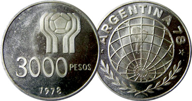 Argentina World Cup Coinage 20, 50, 100, 1000, 2000, 3000 Pesos 1977 and 1978