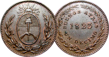 Argentina Buenos Aires 1 Decimo 1822 and 1823