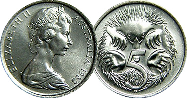 Australia 5 Cents (with Echidna) 1966 to 1984