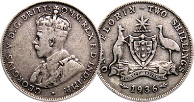 Australia 3 and 6 Pence, Shilling, and Florin 1910 to 1936
