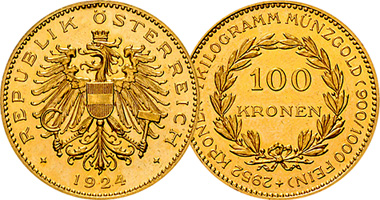 Austria Gold 20 and 100 Kronen 1923 and 1924