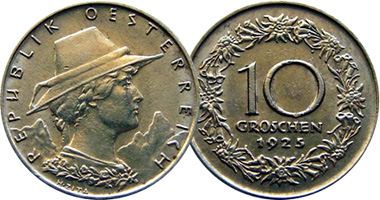 Austria 1000 Kronen and 10 Groschen 1925 to 1929