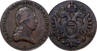 Austria 1, 3, and 6 Kreuzer 1799 and 1800