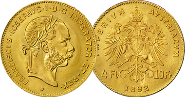 Austria 4 Florin 10 Francs and 8 Florin 20 Francs 1870 to 1892