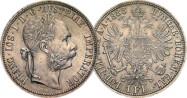 Austria 10 and 20 Kreuzer, 1/4, 1, and 2 Florin 1857 to 1892