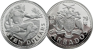 Barbados 10 Dollars Silver 1973 to 1981