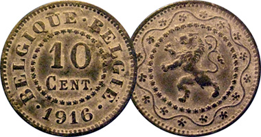 Belgium 5, 10, and 25 Centimes 1915 to 1918
