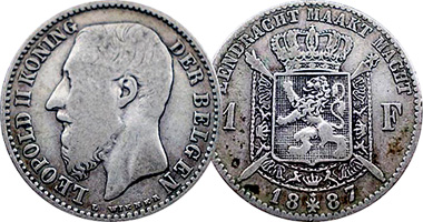 Belgium 50 Centimes and 1 and 2 Francs 1866 to 1899