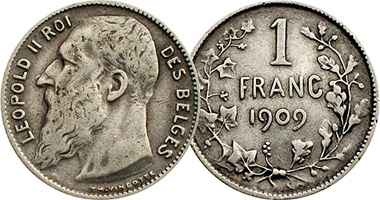 Belgium 50 Centimes and 1 and 2 Francs 1904 to 1909