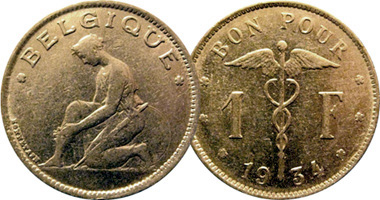 Belgium 50 Centimes, 1 Franc and 2 Francs 1922 to 1935