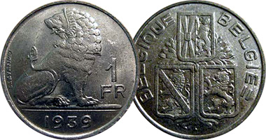 Belgium 1 and 5 Francs 1938 to 1940