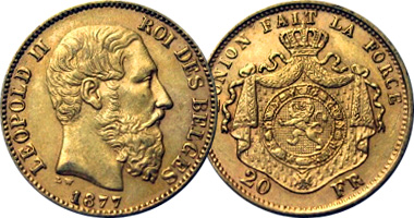 Belgium 20 Francs 1867 to 1882