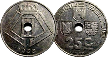 Belgium 5, 10, and 25 Centimes 1938 to 1947