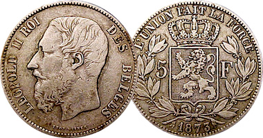 Belgium 5 Francs 1865 to 1876