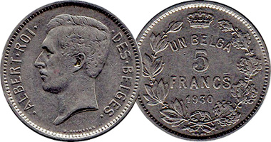 Belgium 5 Francs 1930 to 1934
