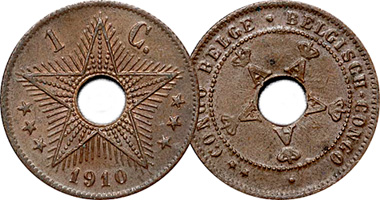 Congo Belgian 1, 2, 5, 10, and 20 Centimes 1906 to 1928