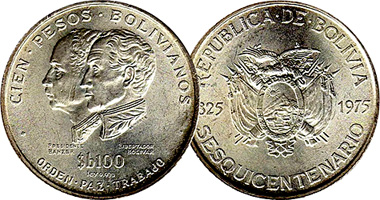 Bolivia 100, 250, and 500 Pesos Bolivianos - 150th Anniversary of Independence 1975