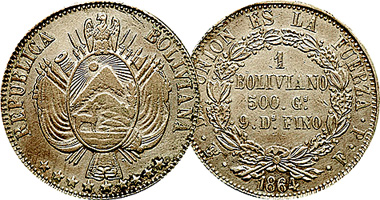 Bolivia 1/20, 1/10, 1/5 and 1 Boliviano 1864