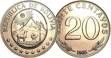 Bolivia 5, 10, 20, 25, 50 Centavos and 1 , 5 Pesos 1965 to 1980