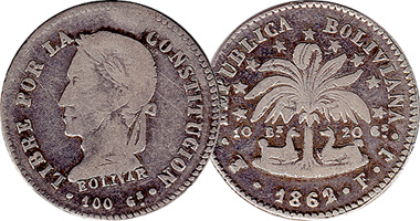 Bolivia 1/2, 1, 2, 4, and 8 Soles 1848 to 1863