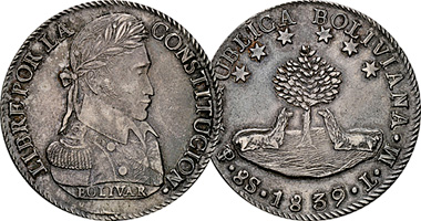Bolivia 1/2, 1, 2, 4, and 8 Soles 1827 to 1846