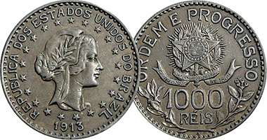 Brazil 500, 1000, and 2000 Reis 1912 and 1913
