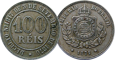 Brazil 50, 100, and 200 Reis 1871 to 1889