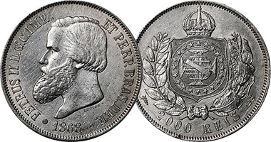 Brazil 200, 500, 1000, and 2000 Reis 1867 to 1889