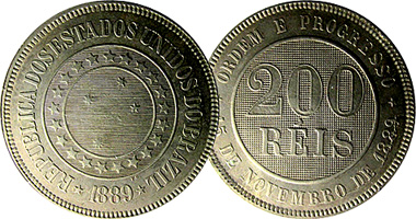 Brazil 100 and 200 Reis 1889 to 1900