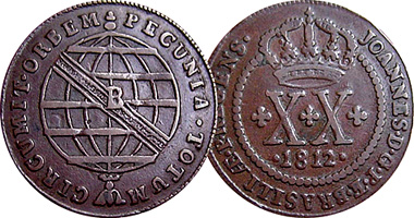 Brazil 5, 10, 20, and 40 Reis 1715 to 1823