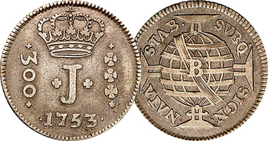 Brazil 75, 150, 300, and 600 Reis 1752 to 1774