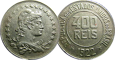 Brazil 100, 200, and 400 Reis 1918 to 1935