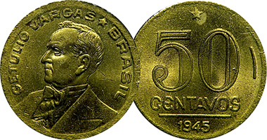 Brazil 10, 20, and 50 Centavos 1942 to 1948