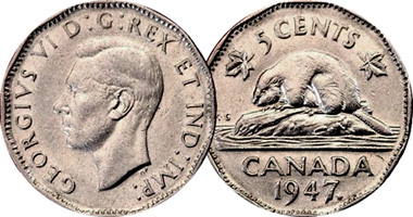 Canada 1937 5 Cent Coin.