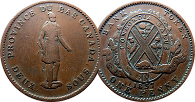 Canada (Bas) Sous Penny Token 1837 to 1839