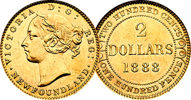 Canada Newfoundland 2 Dollar Gold 1865 to 1888