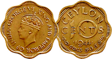 Ceylon 2 Cents and 10 Cents 1944 to 1957