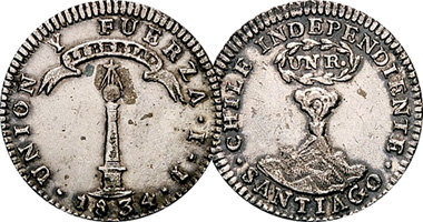 Chile 1 Peso and 1/2, 1, and 2 Reales 1817 to 1834