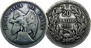 Chile 5, 10, 20, 40, 50 Centavos and 1, 2, 5 Pesos 1895 to 1941