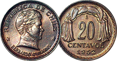 Chile 20 and 50 Centavos and 1 Peso (Bernardo O'Higgins) 1942 to 1958
