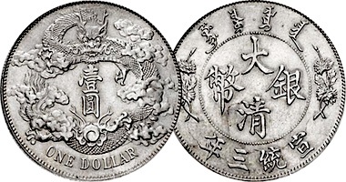 China (Empire) Hsuan Tung Dollar with Dragon and Clouds (Fakes are possible) 1911