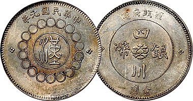 China Szechuan 10, 20, 50, 100 Cash and 10, 20, 50 Cents and 1 Dollar (Circles) 1912 to 1914