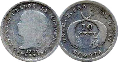 Colombia 5, 10, and 20 Centavos 1874 to 1886