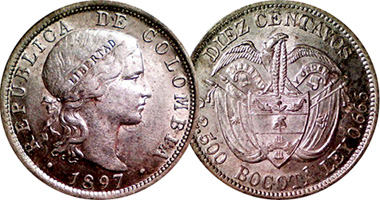 Colombia 10 and 20 Centavos 1897