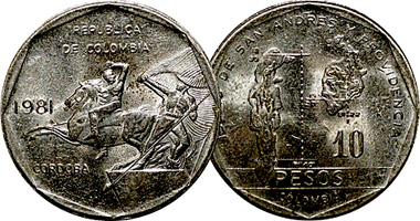 Colombia 10 Pesos 1981 to 1989