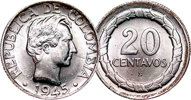 Colombia 10 and 20 Centavos 1945 to 1952